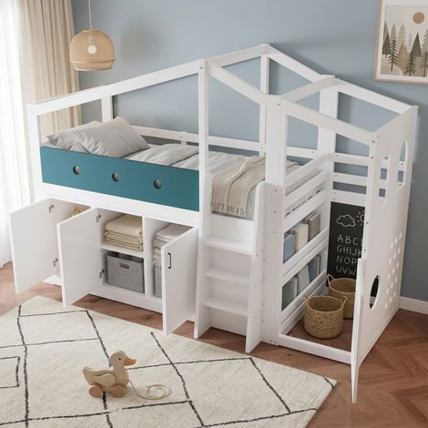 Lit mezzanine mi-hauteur 90x200 cm en forme de maison, en bois, avec espace de jeu, armoire de rangement et échelle – un lit fonctionnel gain de place pour les chambres d'enfants (1/5)
