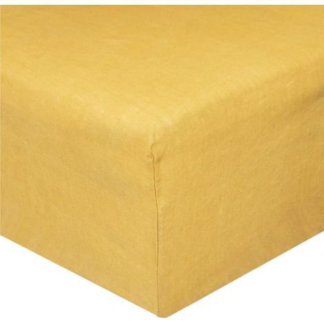 Drap Housse en Lin "Adorable" 140x190cm Jaune Ocre (1/5)