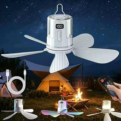 Ventilateur plafond camping avec lumière LED, télécommande, rechargeable USB (1/5)