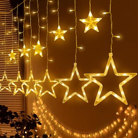 Guirlande lumineuse rideau  8 modes Rideau d'étoiles Norme européenne 220 V (contrôleur standard à 8 fonctions clignotantes), blanc chaud