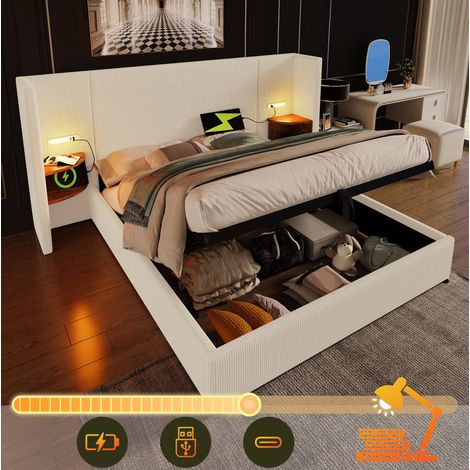 Lit coffre 160x200 tête de lit USB velours côtelé HAVRYA (1/5)