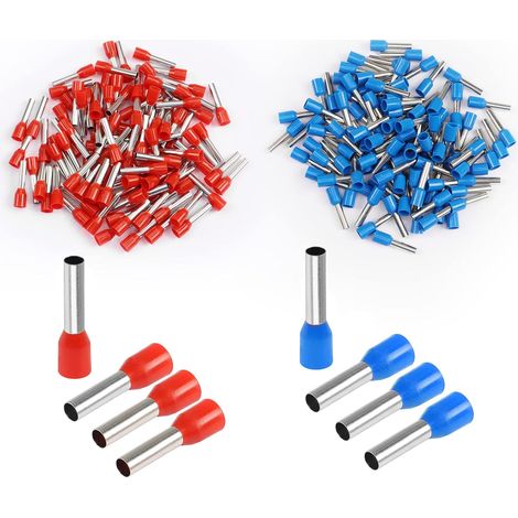 Crimp Terminals 200 Wire Ends, Lug 0.5 mm2 to 16 mm2, Wiring End Cap 100 Blue + 100 Red, Crimped Insulating Plug, for Cable Sleeve, for Safety Clip Connection (E0512 0.5 mm²) (1/5)