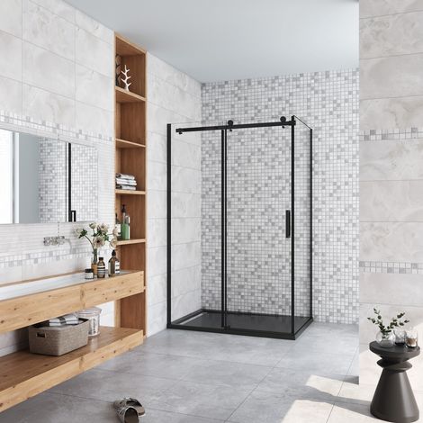 cabine de douche coulissante 140x80x200cm porte de douche + paroi latérale Hauteur 200cm En 8mm verre anticalcaire profilé noir mat