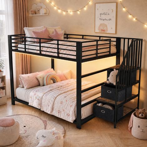Lit superposé adulte 140 × 200 cm en métal avec escalier de rangement, LED, prises électriques et USB, escalier réversible gauche ou droite - Noir (1/5)