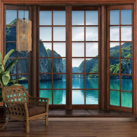 Papier peint panoramique Trompe l'oeil Fenêtre en bois - Thaïlande - 195 cm x 156 cm (1/5)