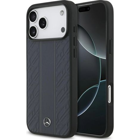 Funda MagSafe de piel Mercedes con estampado de hojas de laurel y rayas para iPhone 17 Pro Max - Azul (1/5)