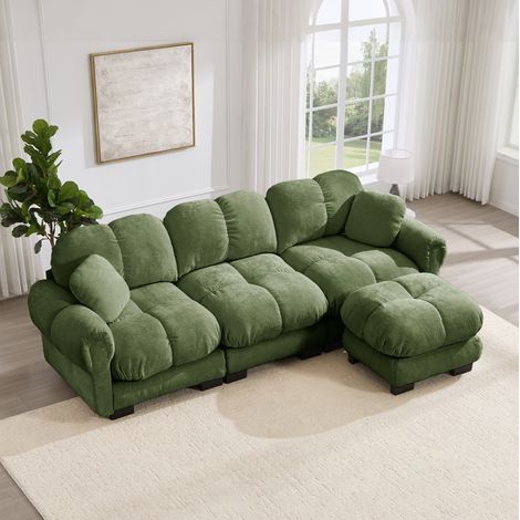 Sofá rinconera en L de 3 plazas con otomana móvil, chenilla verde, 260 x 149 x 90 cm (1/5)