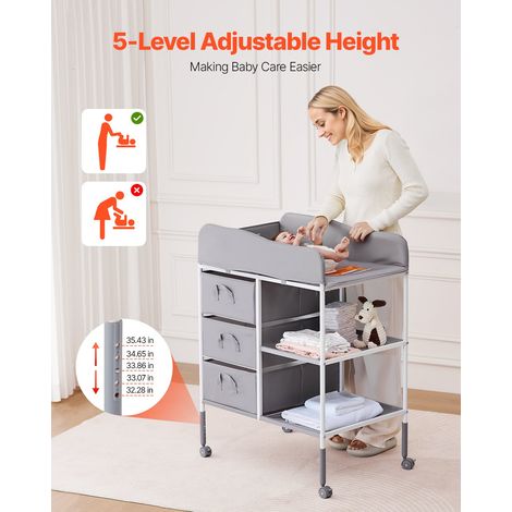 Table à Langer Portable, Plan à Langer avec 3 Tiroirs en Tissu et Roulettes Verrouillables, Meuble pour Bébés Multifonctionnel avec Rangement, Hauteur Réglable, pour Chambres d'Enfant, Gris (1/5)