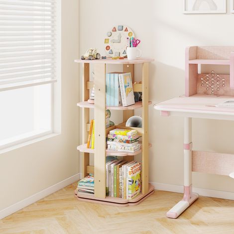 Bibliothèque Rotative Étagère à Livres pour Enfants à 3 Niveaux Tour Rotative à 360° avec 12 Compartiments Support à Livres Rose