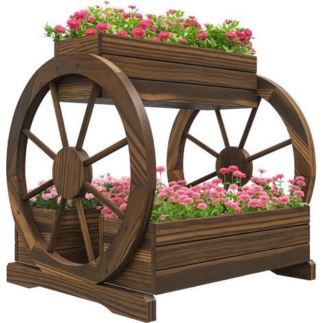 Fioriera in Legno da Esterno a 2 Livelli con 3 Vasi e Ruote di Carro Stile Country, 64x54x60cm