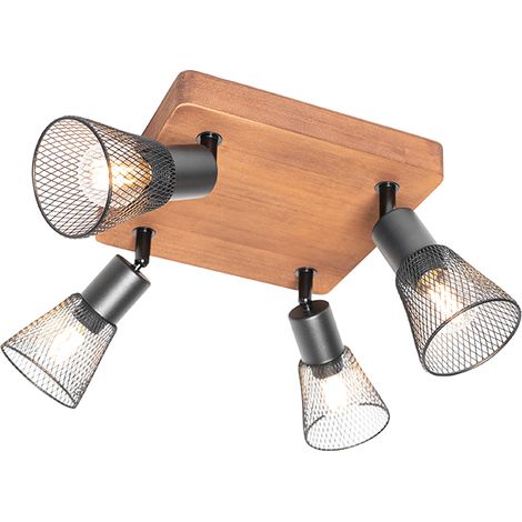 Industrie-Spot schwarz mit Holz 4-flammig - Kristina