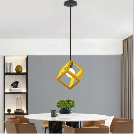E27 Lampe Suspension en Forme Carré Fer Forge Jaune Lustre Luminaire Industrielle Vintage pour Salon Chambre Cafe Bar (1/4)