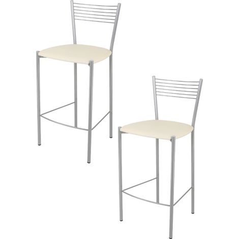 Tommychairs - Set 2 sgabelli alti modello Elegance per cucina e bar, struttura in acciaio verniciata colore alluminio e seduta imbottita e rivestita in pelle artificiale colore avorio (1/4)