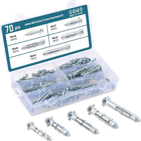 70-teiliges Bolzensortiment-Set, Hohlwandanker, perfekt für die Befestigung von Trockenbauwänden, Rigipsplatten und Verkleidungen an Wänden oder Decken M4 x 38 mm, M5 x 37 mm, M5 x 52 mm, M6 x 52 mm, 
