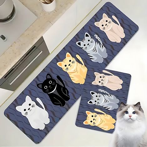 Lot de 2 tapis antidérapants absorbants 120x40cm et 60x40cm motif chaton bleu (1/4)