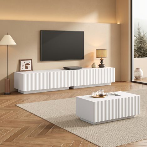 Ensemble salon avec meuble TV 200 x 40 x 35 cm et table basse 100 x 50 x 40 cm, façades effet vague, blanc (1/5)