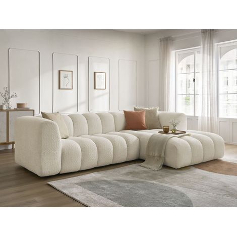 Bobochic – Canapé d'angle fixe 3 places – Tissu bouclette beige – Longueur 288cm – Largeur 186cm – Dossier et assise capitonnés (1/5)
