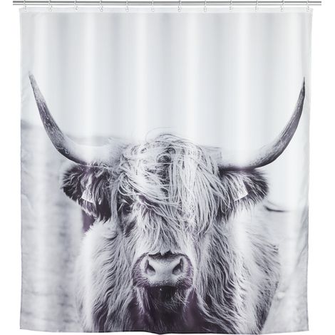 WENKO Rideau de douche original Yak, Rideau de douche 180x200 cm, lavable en machine et waterproof, 12 anneaux rideau de douche en plastique blanc inclus, 100% polyester, 180x200 cm, gris (1/5)