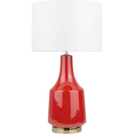 Lámpara de mesa mesita de noche base de cerámica roja pantalla redonda de tambor de poli algodón blanco crema Triversa (1/5)