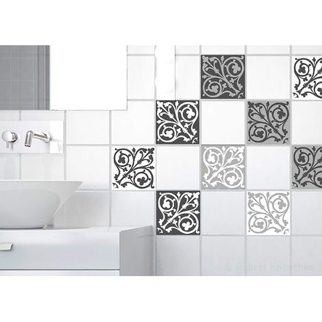 Sticker carrelage adhésif décoratif x9, 10x10cm, crédence autocollant, carreaux de ciment gris, blanc et noir, azulejos. (1/2)