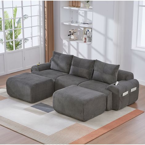 Canapé modulaire 268/174/66 cm en velours côtelé gris foncé avec porte-gobelet et poche latérale (1/5)