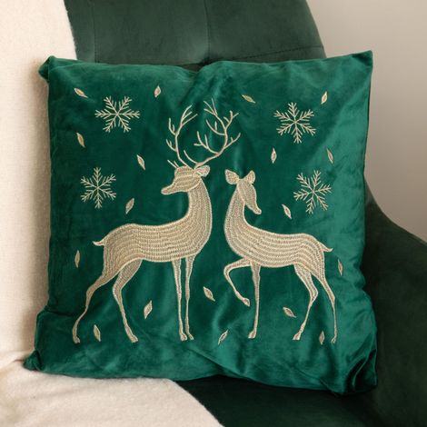 44cm Emerald Green & Gold Reindeer Decorative Christmas Cushion (1/5)