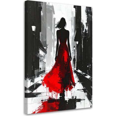 Quadro su tela, Donna astratta in abito rosso che cammina per strada, 20x30 (1/5)