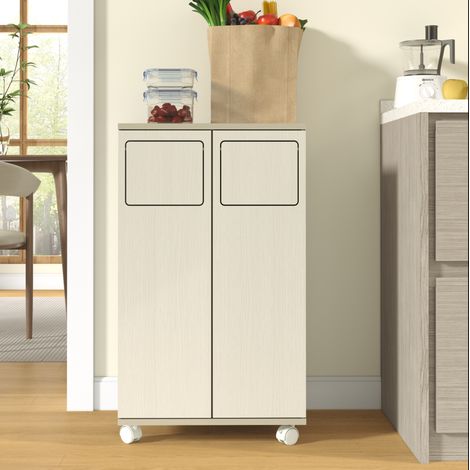 Mobiletto per raccolta differenziata 46,7 cm in bianco e effetto legno chiaro con 2 scomparti e ruote (1/5)