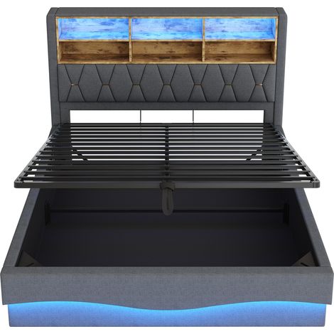 Cama canapé tapizada 180x200 cm con LED APP, USB, somier metálico, gris (1/5)