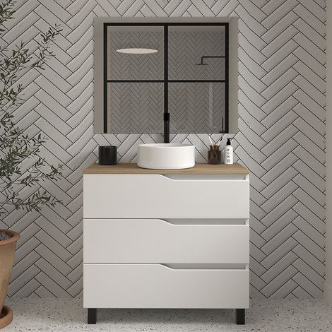 Meuble de salle de bain 60cm avec plateau miel et vasque à poser - 3 tiroirs - blanc - MATA (1/4)
