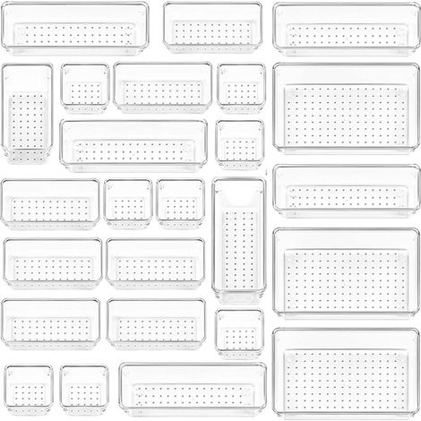 25 Stücke Klar Kunststoff Schublade Organizer mit 4 Größen, Schubladen Ordnungssystem für Badezimmer, Kommode, Küche, Büro, Aufbewahrungsbox für Kühlschrankpartitionen, Schrank Schubladen Organizer (1/5)