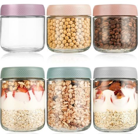 en Verre Avec Couvercle lot de 6 Pots, Overnight Oats Jar Pour L'Avoine, Salade, Yaourt, Pudding, Chutney,Confiture, (1/5)