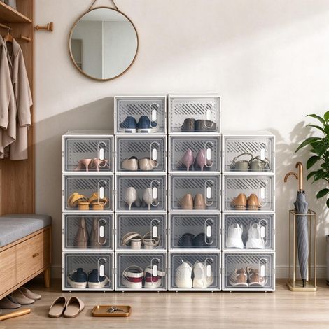 18-teiliges Set modularer würfelförmiger Schuhboxen mit transparenten Türen, Schuhaufbewahrung (1/5)