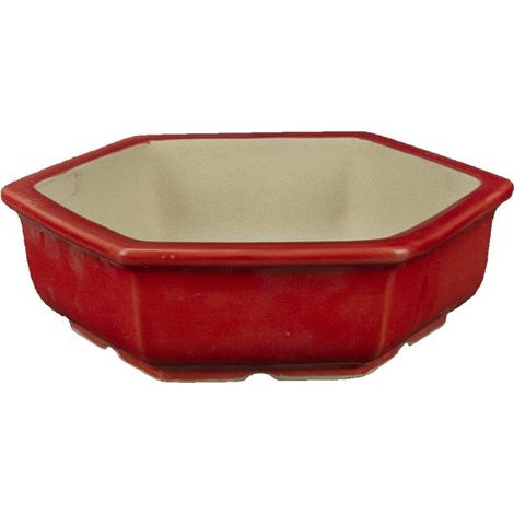 Vaso per bonsai esagonale in gres smaltato rosso 12x12x3,5 cm - A39