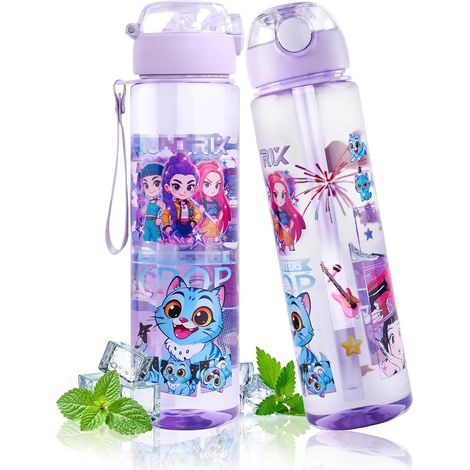 Kpops Kinder-Trinkflasche, 750 ml, Mädchen-Trinkflasche mit Strohhalm für die Schule Doppelseitiges Design, Kunststoff-Trinkflasche mit Griff, auslaufsicher, für Schule, Camping, Reisen und Sport