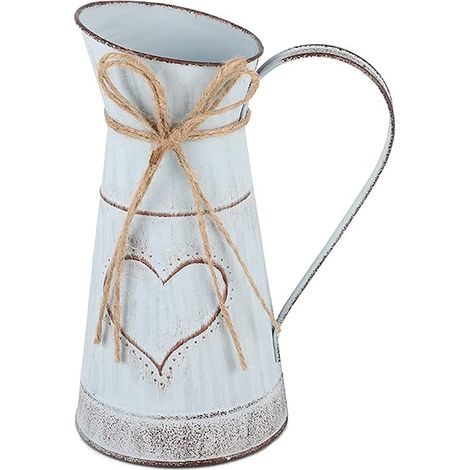 Jarrón rústico vintage con asa, diseño único en forma de corazón y cuerda, galvanizado, para San Valentín, balcón, salón, decoración de mesa (1/5)