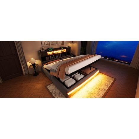Lit coffre gris 180x200 cm avec éclairage LED, prise USB, tête de lit avec rangement et ouverture hydraulique pour chambre et suite (1/5)