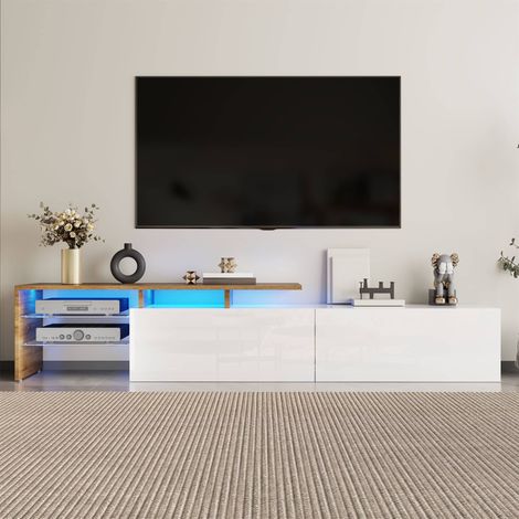 Meuble TV LED 170 x 33 x 33,5 cm, 2 tiroirs et étagères en verre, en panneaux de particules, blanc brillant et bois (1/5)