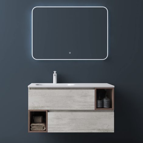 Mai & Mai Mobile Bagno Sospeso, Mobile da Bagno con Lavabo con Cassetti a Chiusura Soft-Close, Marrone Chiaro, Larghezza: 100cm (1/5)