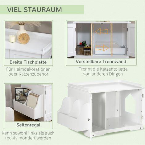 Litière pour chat, maisonnette avec cloison, double porte magnétique, étagère latérale, blanc, 86 x 48 x 52 cm (1/5)