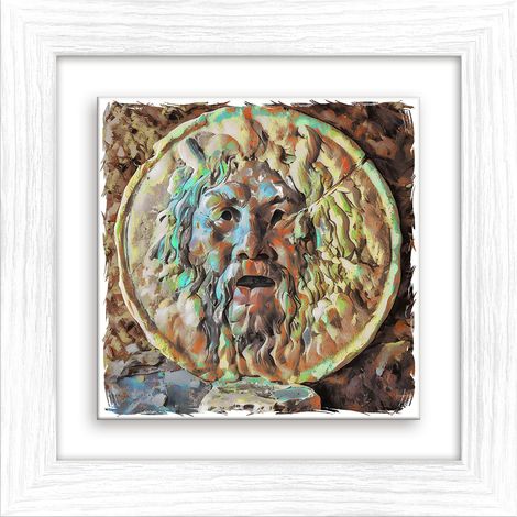 Lupia - Quadro moderno con paesaggi e localismi italiani, Ceramica e Stampa Rilievo, Cornice Legno Shabby Modern bianca, Decorazione Parete, Quadretti Soggiorno, 29x29 cm, ROMA BOCCA DELLA VERITA' (1/4)