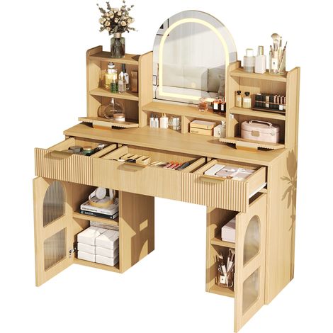 Grand meuble coiffeuse avec miroir LED éclairé et prise de courant – table de maquillage avec 3 tiroirs et 2 armoires en verre avec étagères, pour la chambre, aspect bois, 120x40x139.5 cm