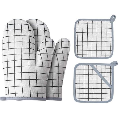 Guanti da forno e tappetini resistenti al calore, guanti da barbecue, guanti da cucina antiscivolo, in cotone e lino, per cuocere al forno e grigliare (bianchi) (1/5)