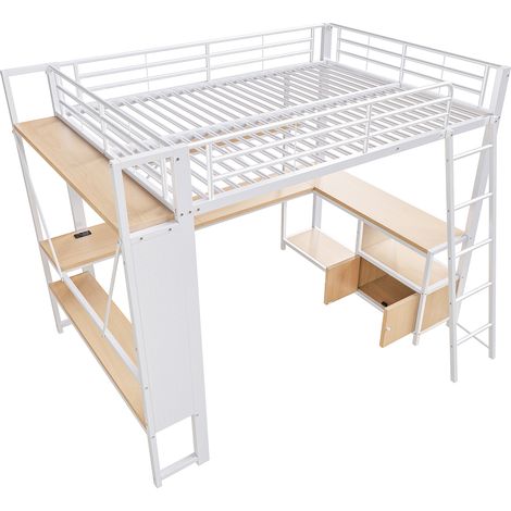 Lit mezzanine 140 x 200 cm, cadre en fer, avec bande lumineuse LED, bureau, espace de rangement, plusieurs étagères, panneau perforé, port USB, sans matelas, blanc
