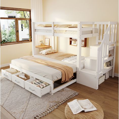 Litera 90x200 cm blanca de madera con cama nido y 3 cajones (1/5)
