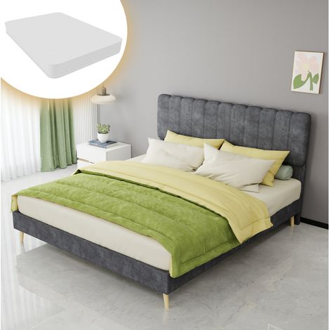 Bett modern gepolstert in Grau 160x200 cm mit hohem Kopfteil, niedriger Basis und Matratze inklusive