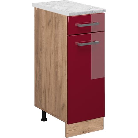 Mueble bajo de cocina R-Line, Rojo Burdeos alto brillo, 30 cm ET Mármol, Vicco