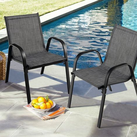 Ensemble de 2 chaises de jardin grises en métal empilables avec accoudoirs et tissu respirant pour jardin, terrasse et balcon (1/5)