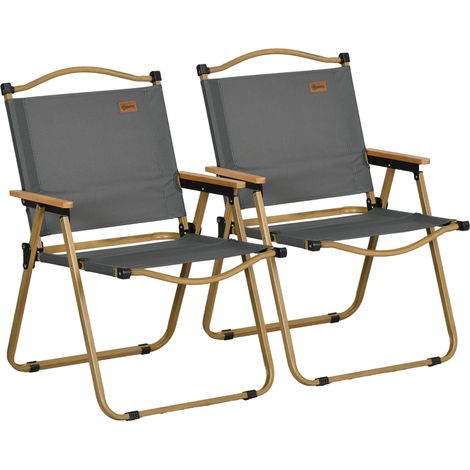 Lot de 2 chaises pliantes gris foncé pour camping, jardin ou plage, cadre acier effet bois et tissu Oxford résistant