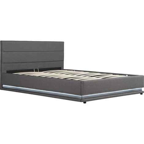Habitat Et Jardin – Lit avec tiroirs 180 x 200 cm – Coffre de rangement – Éclairage LED blanc – Structure en MDF et lin – Tête de lit incluse – Supporte jusqu'à 250 kg (1/4)